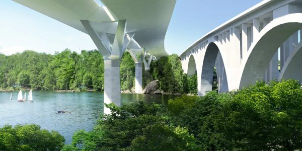 Nya Skurubron, vy från Björknäs under den nya och gamla Skurubron, ut över Skurusundet (illustration: Dissing+Weitling)