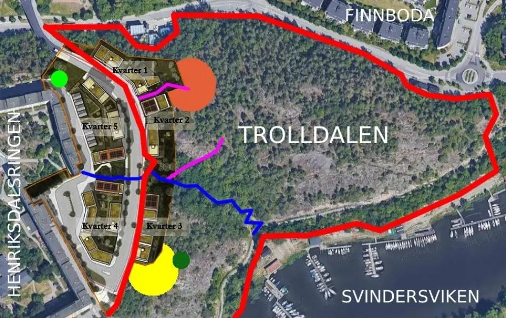 Karta över bostäder, hundrastgård, stigar, dagvattenanläggning, förskola m.m. som ska byggas i Trolldalen