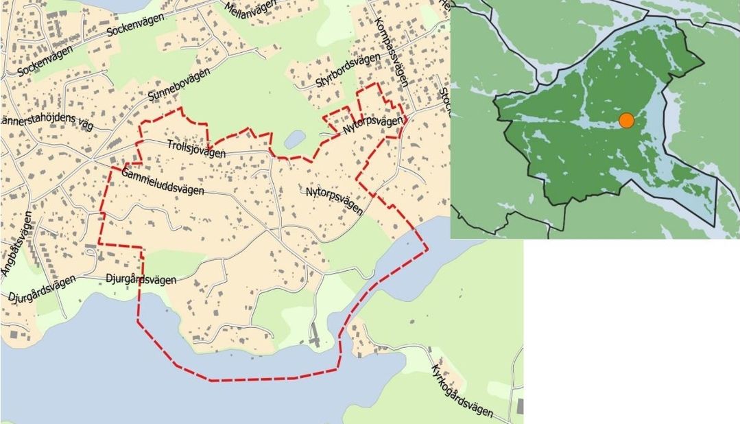 Karta över område W i sydöstra Lännersta, markerat med röd linje.