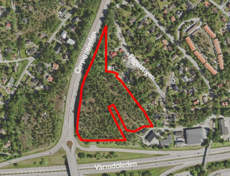 Karta över Fågelberget i Orminge intill Fågelstigen