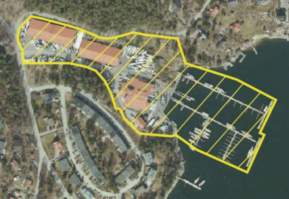 Karta båtvarv i Moranviken, gult markerat är planområdet