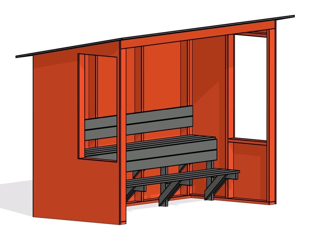 Skiss av spelarbås vid Porsmossens fotbollsplan, med bänkar och skydd mot väder.